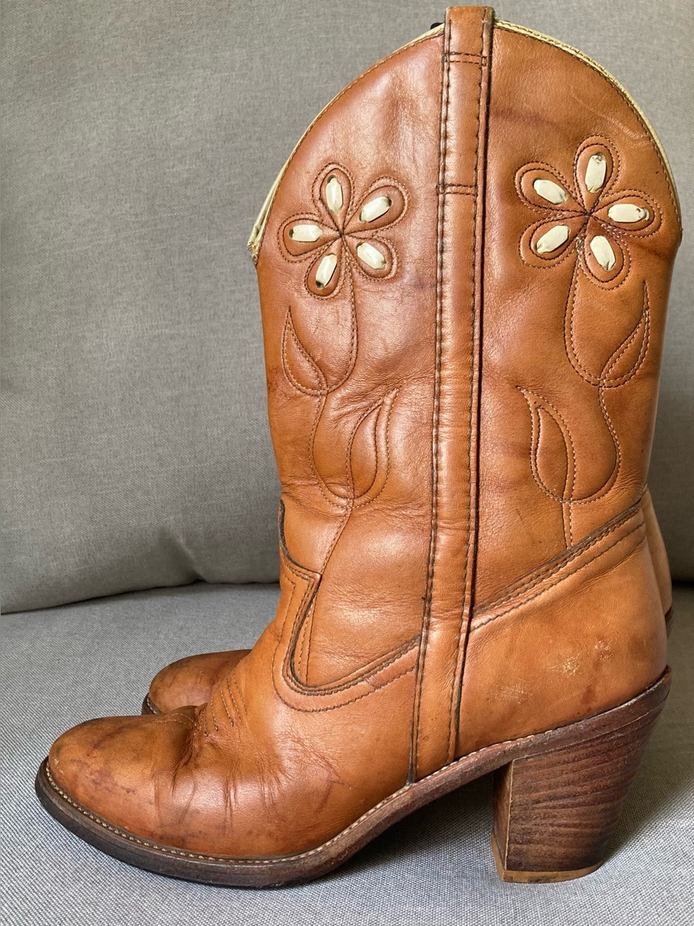 Vintage Dingo Daisy Inlay Leather Cowboy Boots Tan Western Women’s 7.5 N